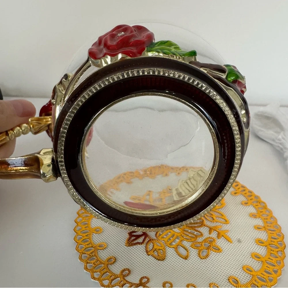 Rose and Butterly, Enamel, Glass Coffee/Tea Cup with Embellished Spoon